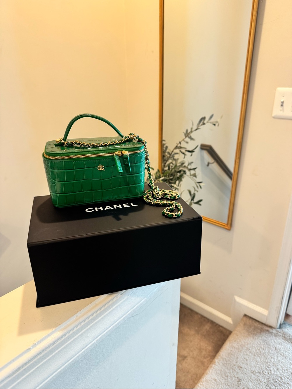 CHANEL Green Croc-Embossed Vanity Crossbody with Gold Hardware